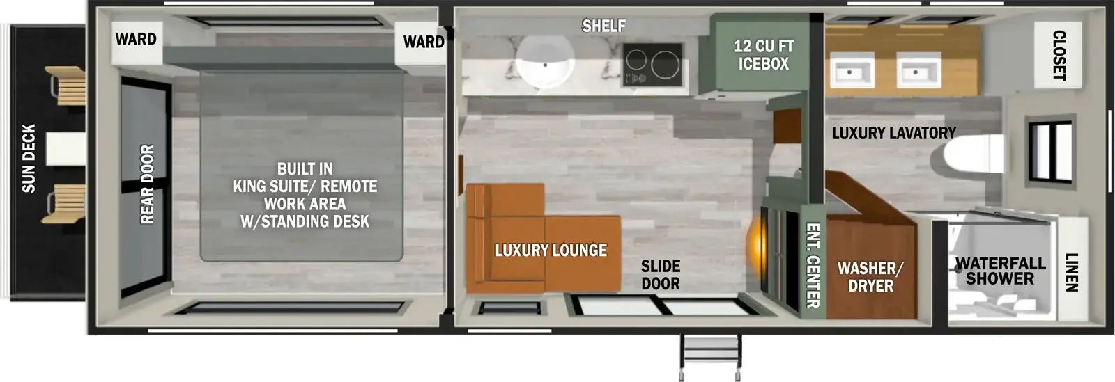 The RVS1 has zero slideouts and two entries. Interior layout front to back: full bathroom with linen closets, luxury lavatory with two sinks, waterfall shower, and washer/dryer; off-door side icebox, kitchen counter with cooktop, sink, and shelf above; door side entertainment center, sliding door entry, and luxury lounge; rear bedroom with off-door side side-facing built-in king suite/remote work area with standing desk, wardrobes on each side, and rear sliding door that leads to a sun deck.